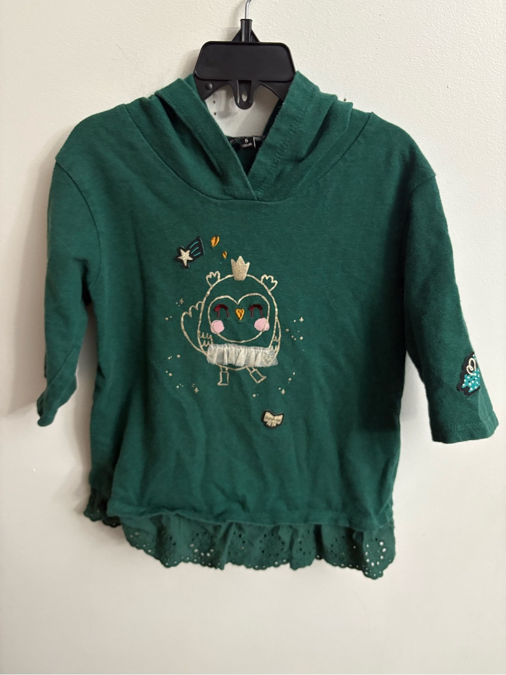 Souris mini Girls' Green Owl Hooded Top with Embroidered Details 5 years